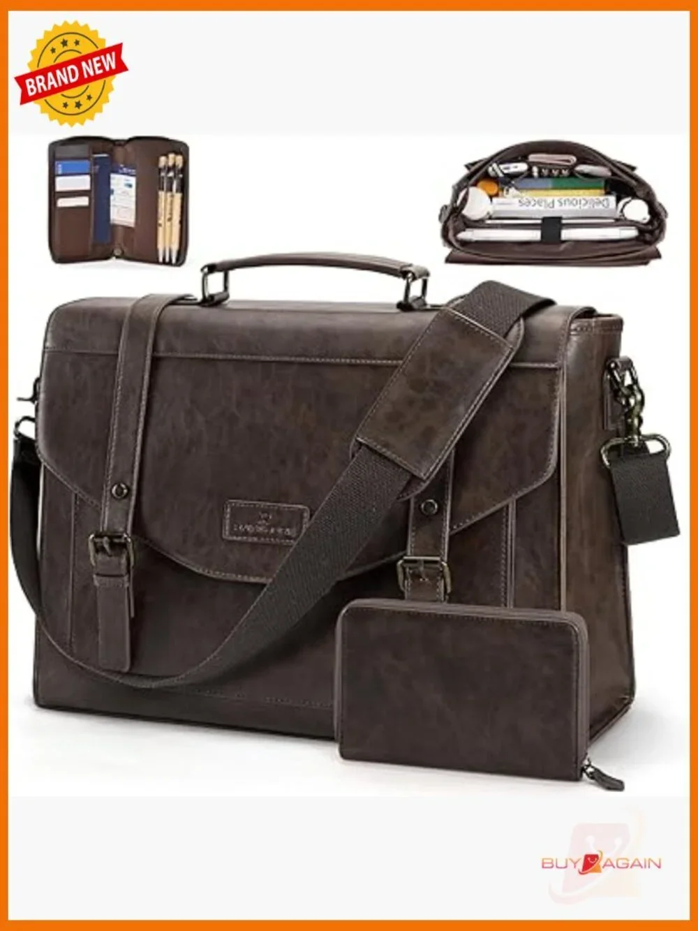 Vintage PU Leather Laptop Messenger Bag 15.6 Briefcase with Wallet